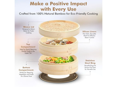 Cestello per Cottura a Vapore in Bambù per 6 Momo Bun e Verdure