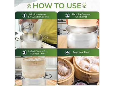 Cestello per Cottura a Vapore in Bambù con Coperchio per Pentola Profonda e Broccoli